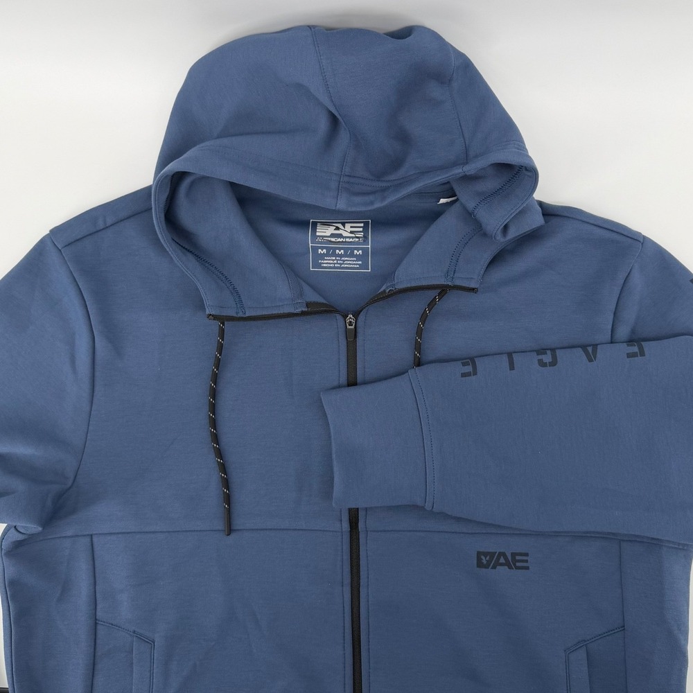 American Eagle Mens Blue Full Zip Hoodie Sleeve Graphic Active Sweatshirt Medium